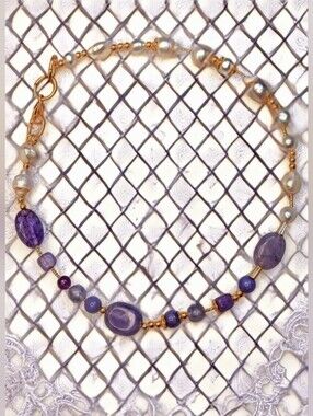 Natural Lavender Jade & White Baroque Pearls In Assymetrical Freeform Necklace